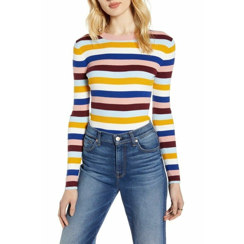 Halogen Even Striped Fitted Sweater Top Size L Crew Pink Multi NWT $69 B40